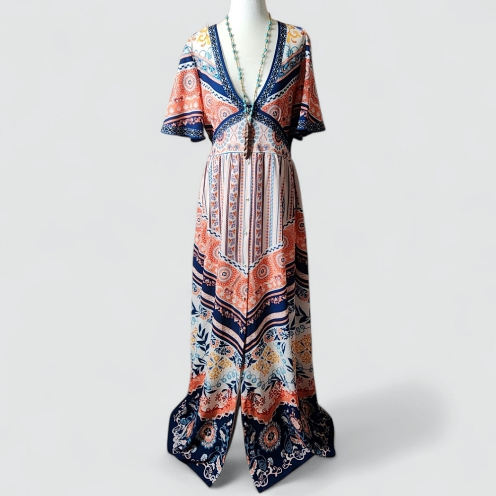Bohemian Floral Chevron Maxi Dress in Coral & Navy